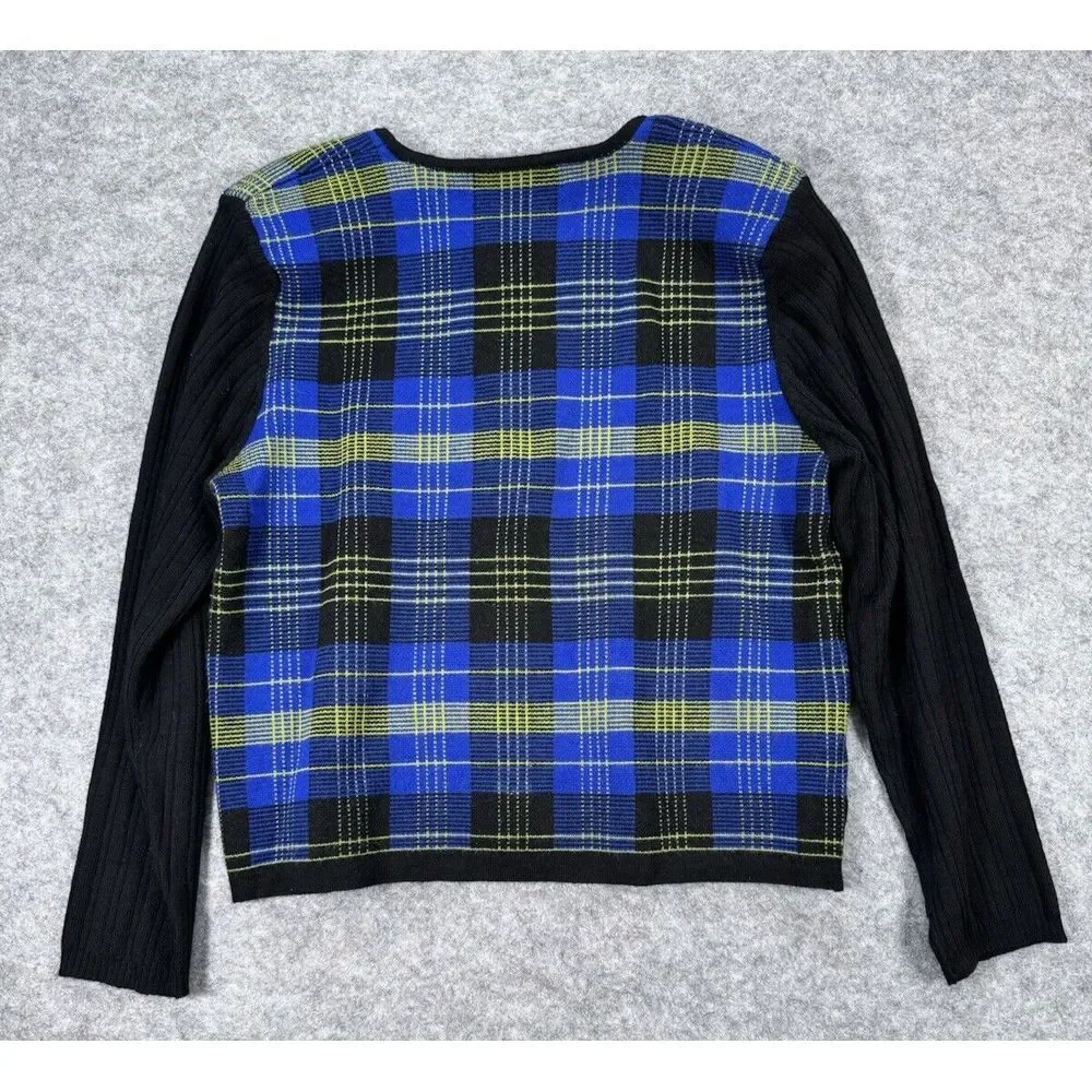 Valerie Stevens Petites Women PM Cardigan‎ Blue Plaid Full Zip 100% Wool